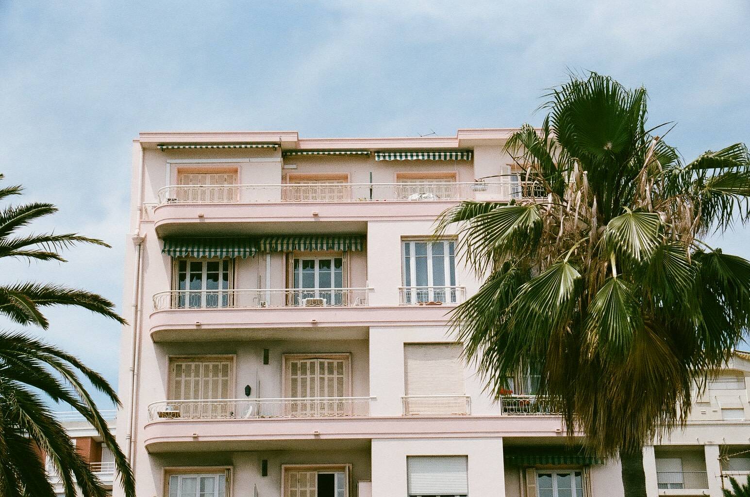 facade of a building with balconies behind a palm tree under the blue sky